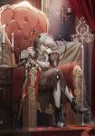  1girl absurdres arknights ascot bangs black_ascot black_dress brown_eyes commentary_request dress hand_on_hilt highres horns long_sleeves looking_at_viewer meganeno_dokitsui silver_hair sitting solo sword tagme tail talulah_(arknights) throne weapon 