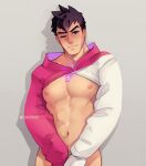  &gt;_o 1boy abs bara bare_pectorals black_hair blush bottomless closed_mouth covering covering_crotch cropped_hoodie earrings edie_crop_hoodie hood hood_down hoodie jewelry large_pectorals looking_at_viewer male_focus malos_(xenoblade) meme_attire muscular muscular_male naked_hoodie navel nipples one_eye_closed pectorals purple_eyes qvoro short_hair sideburns solo twitter_username xenoblade_chronicles_(series) xenoblade_chronicles_2 