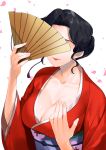  1girl black_hair breasts chairwoman_(clamp_gakuen_tanteidan) cherry_blossoms clamp_gakuen_tanteidan cleavage collarbone commentary covering_eyes curly_hair folding_fan hand_fan hand_on_own_chest highres holding japanese_clothes kimono large_breasts light_smile red_kimono red_lips second-party_source waka_(shark_waka) white_background 