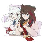  2girls :t animal_ears arknights bear_ears bear_girl black_collar blue_hair blue_necktie brown_hair burger chair closed_mouth collar cup dal-gi disposable_cup drinking_straw eating food french_fries hair_between_eyes highres holding holding_cup holding_food long_hair long_sleeves multicolored_hair multiple_girls necktie parted_lips pink_hair red_hair rosa_(arknights) streaked_hair upper_body zima_(arknights) 