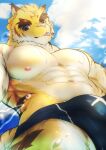  afezeria1844 anthro big_muscles blue_eyes bodily_fluids bulge clothing cloud felid light looking_at_viewer male mammal morenatsu muscular nipples pantherine sky solo speedo sunlight sweat swimwear tiger tongue tongue_out torahiko_(morenatsu) video_games visual_novel wet 