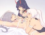  3girls armpits backless_outfit bangs bare_shoulders black_hair blue_eyes blush breasts cleavage commentary food fork fruit fu_hua grey_eyes holding holding_fork honkai_(series) honkai_impact_3rd horns icing kiana_kaslana licking licking_finger long_hair looking_at_another multiple_girls naked_ribbon nude oni_horns open_mouth pink_eyes ponytail raiden_mei ribbon silver_hair small_breasts smile strawberry symbol-only_commentary teires_(teir3s) topless upper_body white_hair white_ribbon yuri 