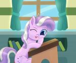  blue_eyes crown cutie_mark detailed_background diamond_tiara_(mlp) divifilly earth_pony equid equine female feral friendship_is_magic hi_res horse mammal mane multicolored_mane my_little_pony one_eye_closed pony purple_body school solo tiara tongue tongue_out two_tone_mane wink 