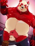  2022 anthro armpit_hair balls belly black_nose blush body_hair bumomomoboa censored fighting_ring genitals giant_panda hi_res humanoid_hands kemono male mammal moobs navel nipples overweight overweight_male penis pubes red_body small_penis solo_focus ursid white_body wrestler 