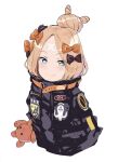  1girl abigail_williams_(fate) abigail_williams_(traveling_outfit)_(fate) bandaid bandaid_on_forehead black_bow black_jacket blue_eyes blush bow closed_mouth crossed_bandaids fate/grand_order fate_(series) hair_bow hair_bun highres ikuchan_kaoru jacket looking_at_viewer multiple_hair_bows orange_bow simple_background smile solo stuffed_animal stuffed_toy teddy_bear upper_body white_background 