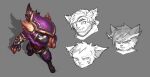  1boy blue_eyes closed_mouth concept_art english_commentary fang fingerless_gloves full_body fur gloves grey_background highres kennen league_of_legends looking_at_viewer male_focus mask mouth_mask multiple_views ninja pink_hood rope scar scar_across_eye simple_background standing vladbacescu yordle 