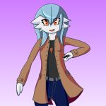  2020 alyx_(cobra0281) blue_hair clothing coat cobra0281 female gardevoir hair humanoid nintendo not_furry open_mouth orange_eyes pok&eacute;ball pok&eacute;mon pok&eacute;mon_(species) purple_background shiny_pok&eacute;mon simple_background solo topwear trenchcoat video_games 