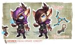  1boy bangs belt black_footwear blue_eyes border brown_background brown_belt brown_hair character_name concept_art electricity full_body hair_over_one_eye hand_up highres hood_over_one_eye kennen league_of_legends multiple_views nail_polish ponytail pouch red_nails slit_pupils vladbacescu weapon white_border 