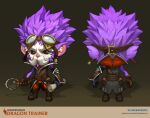  1boy artist_name brown_background brown_eyes brown_gloves character_name dragon_trainer_heimerdinger from_behind full_body gloves goggles goggles_on_head heimerdinger highres holding holding_scroll horns league_of_legends looking_at_viewer magnifying_glass multiple_views official_alternate_costume on_head pink_hair scroll standing vladbacescu web_address wings yordle 