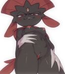 anthro blush breasts claws female finger_claws front_view fur genitals grey_body grey_fur looking_at_viewer low-angle_view mcfli nintendo nipples pok&eacute;mon pok&eacute;mon_(species) pussy red_eyes simple_background solo video_games weavile white_background 