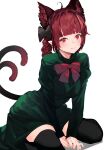  1girl :3 absurdres animal_ear_fluff animal_ears arm_support bangs black_bow black_legwear blunt_bangs blush bow bowtie braid breasts cat_ears cat_tail closed_mouth commentary dress eyebrows_behind_hair fingernails forked_tail full_body green_dress hair_bow highres kaenbyou_rin kneeling large_breasts leaning_forward long_hair nekomata onion_(onion_and_pi-natto) red_bow red_bowtie red_eyes red_hair simple_background solo tail thighhighs touhou tsurime twin_braids v_arms white_background 