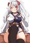  1girl :p absurdres ahoge antenna_hair arm_support azur_lane bangs black_legwear blush breasts choker closed_mouth commentary_request cross eyebrows_visible_through_hair hair_between_eyes hair_ornament heart highres iron_cross large_breasts leaning_back licking_lips long_hair looking_at_viewer mole mole_on_breast moyoron official_alternate_costume pelvic_curtain prinz_eugen_(azur_lane) prinz_eugen_(profusion_of_flowers)_(azur_lane) sideboob simple_background sitting smile solo thighhighs thighs tongue tongue_out two-tone_dress very_long_hair white_background white_hair wooden_floor yellow_eyes 
