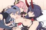  3girls arm_support bangs bed black_hair black_nails blunt_bangs breasts earrings elbow_gloves elysia_(honkai_impact) fff_threesome fingerless_gloves fingernails fu_hua gloves grey_hair group_sex hair_intakes half-closed_eyes hand_on_another&#039;s_head head_rest honkai_(series) honkai_impact_3rd horns jewelry licking licking_breast long_hair lying maiqo medium_breasts medium_hair multiple_girls nipple_piercing nipples on_back open_mouth piercing pillow pink_hair pink_nails raiden_mei threesome tongue tongue_out yuri 