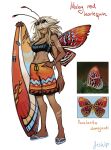 1girl absurdres antennae bikini_tan blonde_hair blue_footwear bracelet breasts butterfly_girl butterfly_wings cleavage extra_arms eyewear_on_head facing_viewer grin hair_over_eyes hand_in_pocket highres holding holding_surfboard jewelry large_breasts matilda_fiship monster_girl navel orange_shorts original sandals short_shorts shorts signature simple_background smile solo standing sunglasses surfboard tan tank_top tanlines tomboy white_background wings 