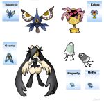  absurdres closed_mouth cutiefly fusion golurk highres kabuto_(pokemon) lileep looking_at_viewer magnemite masquerain matilda_fiship pokemon pokemon_(creature) reference_inset riolu roggenrola signature smile unown 