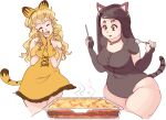  2girls :q animal_ears bare_shoulders bell blonde_hair breasts brown_gloves brown_hair cat_ears cat_girl cat_tail closed_eyes collar commentary cosplay cropped_legs dress english_commentary fat food garfield garfield_(character) garfield_(character)_(cosplay) gloves hands_on_own_cheeks hands_on_own_face heterochromia holding jingle_bell katawa_shoujo large_breasts lasagne long_hair multiple_girls neck_bell open_mouth orange_dress orange_gloves red_collar rtil satou_lilly short_sleeves simple_background sleeveless sleeveless_dress smile standing steam strapless strapless_dress tail thick_thighs thighs toast tongue tongue_out wavy_hair white_background 