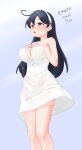  1girl absurdres ahoge alternate_costume black_hair breasts cleavage cleavage_cutout clothing_cutout dress feet_out_of_frame hairband hands_on_own_chest highres kantai_collection large_breasts long_hair looking_at_viewer maru_(marg0613) one-hour_drawing_challenge solo sundress ushio_(kancolle) ushio_kai_ni_(kancolle) white_dress white_hairband 
