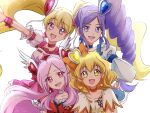  4girls :d aono_miki blonde_hair blue_choker blue_eyes blue_hair blue_skirt blush bow choker commentary_request cure_berry cure_passion cure_peach cure_pine dress earrings eyelashes fpminnie1 fresh_precure! hair_bow hair_ornament hair_ribbon happy heart heart_hair_ornament higashi_setsuna highres jewelry long_hair long_sleeves looking_at_viewer magical_girl medium_hair momozono_love multiple_girls open_mouth pink_choker pink_dress pink_eyes pink_hair precure puffy_long_sleeves puffy_short_sleeves puffy_sleeves red_dress ribbon short_sleeves simple_background skirt smile twintails white_background white_choker yamabuki_inori yellow_choker yellow_eyes 