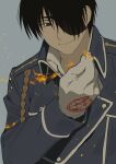  1boy black_hair blue_coat coat embers eyepatch fullmetal_alchemist gloves grey_background ikuchan_kaoru looking_at_viewer male_focus military military_uniform one_eye_covered roy_mustang short_hair smile solo uniform white_gloves 