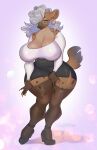  anthro big_breasts bottomwear breasts cleavage clothed clothing ear_piercing ear_ring eyewear female glasses hyaenid legwear mammal mature_female piercing silver_(ezukapizumu) skirt spotted_hyena thigh_highs 