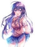  1girl :d aicedrop backlighting bangs blue_skirt blush breasts commentary cowboy_shot doki_doki_literature_club hair_between_eyes hair_ornament hairclip large_breasts long_hair looking_at_viewer neck_ribbon open_mouth pleated_skirt purple_eyes purple_hair red_ribbon ribbon school_uniform shirt short_sleeves simple_background skirt skirt_hold smile solo very_long_hair vest white_background white_shirt yuri_(doki_doki_literature_club) 