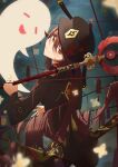  1girl absurdres black_headwear blurry blurry_background brown_coat brown_hair coat flower genshin_impact ghost hair_between_eyes hair_spread_out hat hat_flower hat_ornament highres holding holding_polearm holding_weapon hu_tao_(genshin_impact) jewelry lantern long_hair looking_back multiple_rings over_shoulder polearm red_eyes red_flower red_rope ring rope smile staff_of_homa_(genshin_impact) symbol-shaped_pupils weapon weapon_over_shoulder zq 
