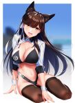  1girl :d animal_ear_fluff animal_ears atago_(azur_lane) atago_(stunning_speedster)_(azur_lane) azur_lane bikini black_bikini black_hair blurry breasts brown_legwear cleavage depth_of_field extra_ears hair_ribbon highleg highleg_bikini highres kagiyama_(clave) large_breasts long_hair long_sleeves looking_at_viewer mole mole_under_eye navel race_queen ribbon shrug_(clothing) sitting smile solo stomach string_bikini swimsuit thighhighs thighs wing_collar wrist_cuffs yellow_eyes yokozuwari 