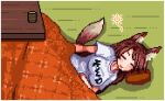  1girl animal_ears bangs blush breasts brown_hair closed_eyes commentary_request cup drooling imaizumi_kagerou kotatsu large_breasts long_hair lowres lying open_mouth pixel_art shirt sleeping solo t-shirt table tail touhou unk_kyouso very_long_hair wolf_ears wolf_tail 