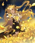  1girl absurdres blonde_hair earrings ereshkigal_(fate) fate/grand_order fate_(series) flower highres infinity jewelry puchu_huang red_eyes smile solo tears yellow_flower 