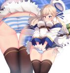  absurdres ass bag black_legwear blonde_hair blue_eyes blush breasts clothes_lift cucouroux_(granblue_fantasy) granblue_fantasy hat highres large_breasts looking_down miso_(misomiso_154) panties pantyshot sailor_hat skirt skirt_lift string_panties striped striped_panties thighhighs underwear wind wind_lift 