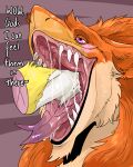  absurd_res anthro blush digital_media_(artwork) duo english_text fisting fur hi_res imperatorcaesar male mouth_shot open_mouth oral oral_penetration oral_vore orange_body orange_fur penetration savvel sergal simple_background solo teeth text throat_fisting tongue vore 