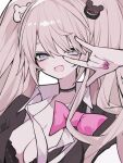  1girl bangs bear_hair_ornament black_shirt blonde_hair blue_eyes bow breasts cleavage commentary danganronpa:_trigger_happy_havoc danganronpa_(series) enoshima_junko gesture_request hair_ornament hand_up highres large_breasts looking_at_viewer nail_polish open_mouth pink_bow pink_nails shirt simple_background smile solo twintails upper_body white_background yonako_(123456nya) 