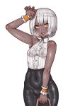  1girl :d absurdres armpits bangs bare_shoulders blush covered_navel dark-skinned_female dark_skin ebonyxh eyebrows_visible_through_hair freckles highres jewelry navel orange_eyes orange_nails punishing:_gray_raven ring short_hair silver_hair simple_background smile solo sophia_(punishing:_gray_raven) sweat wedding_band white_background 