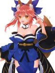  1girl :3 absurdres animal_ear_fluff animal_ears bare_shoulders blue_bow blue_kimono blue_legwear bow breasts cleavage detached_sleeves fang fate/extella fate/extella_link fate/extra fate/extra_ccc fate/grand_order fate_(series) fox_ears fox_girl fox_shadow_puppet fox_tail highres japanese_clothes kimono large_breasts looking_at_viewer open_mouth pink_hair shin_(pixiv16010561) simple_background solo split_ponytail tail tamamo_(fate) tamamo_no_mae_(fate/extra) white_background yellow_eyes 