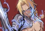  1boy blonde_hair braid clenched_teeth edward_elric electricity fullmetal_alchemist grin hand_up highres ikuchan_kaoru looking_at_viewer male_focus mechanical_hands prosthesis prosthetic_arm red_background simple_background single_mechanical_hand smile solo teeth topless_male yellow_eyes 