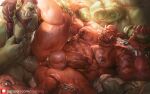  anal anal_penetration fangs garrosh_hellscream genitals green_body green_skin group group_sex hi_res humanoid humanoid_pointy_ears lindong male male/male muscular muscular_male nipple_piercing nipples orc orgy penetration penis piercing sex tattoo thrall_(warcraft) vein veiny_penis 