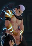  1boy abs absurdres ass_visible_through_thighs bar_censor bara bare_pectorals black_hair censored clothing_cutout crotchless crotchless_pants earrings erection facial_hair goatee green_eyes gyee highres jewelry large_pectorals long_sideburns lujiu_(mutsukyuu) male_focus male_masturbation masturbation mature_male muscular muscular_male navel nipples no_male_underwear open_pants pants pectorals penis purple_hair short_hair sideburns solo stomach su_(gyee) thick_eyebrows thick_thighs thigh_cutout thighs 