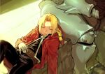  2boys ahoge alphonse_elric belt black_jacket black_pants braid brothers brown_belt closed_eyes coat edward_elric fullmetal_alchemist gloves highres hood hood_down hooded_coat ikuchan_kaoru jacket lying multiple_boys on_back open_clothes open_coat open_mouth pants red_coat siblings sleeping white_gloves 