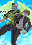  2boys absurdres ass_grab bara beard boku002 brown_eyes brown_hair facial_hair feet_out_of_frame flying green_wings hat highres hogen_(housamo) large_pectorals looking_at_another male_focus master_4_(housamo) mature_male multiple_boys muscular muscular_male old old_man pectorals pom_pom_(clothes) short_hair smile sweatdrop tengu thick_thighs thighs tokin_hat tokyo_afterschool_summoners white_hair wings yellow_eyes 