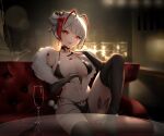 1girl :p absurdres antenna_hair arknights backless_outfit bangs bat_hair_ornament bikini black_bikini black_choker black_gloves black_legwear black_nails black_ribbon breasts breasts_apart brs_(33143752) cherry choker collarbone couch cup demon_girl demon_horns demon_tail drink drinking_glass earrings elbow_gloves eyebrows_visible_through_hair food food_on_body fruit fur_shawl glass_table gloves hair_ornament highres horns indoors jewelry knee_up lamp looking_at_viewer medium_breasts multicolored_hair on_couch open_mouth partially_fingerless_gloves pom_pom_(clothes) red_eyes red_hair rhodes_island_logo ribbon short_hair side-tie_bikini side_bun silver_hair sitting socks solo spread_navel stuffed_animal stuffed_bunny stuffed_toy swimsuit table tail thighhighs tongue tongue_out two-tone_hair w_(arknights) 