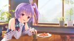  1girl :d bare_shoulders blush cafe cup disposable_cup flower hair_flower hair_ornament hair_ribbon head_rest highres hitotose_fumika looking_at_viewer medium_hair off_shoulder one_side_up open_mouth purple_hair red_eyes red_ribbon ribbon smile solo tenjin_kotone tenjin_kotone_(channel) virtual_youtuber 