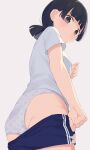  1girl ass bangs black_eyes blue_shorts blunt_bangs closed_mouth eyebrows_visible_through_hair grey_background highres hiroki_(yyqw7151) looking_at_viewer original panties polka_dot polka_dot_panties short_hair short_sleeves shorts simple_background solo underwear white_panties 