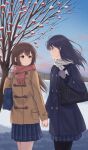  2girls black_hair brown_eyes brown_hair coat gloves gloves_removed highres holding_hands long_hair looking_at_another miniskirt multiple_girls nuenue original outdoors purple_eyes scarf skirt smile snow tree winter winter_clothes yuri 