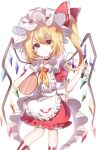  1girl alternate_costume ametama_(runarunaruta5656) animal_print apron asymmetrical_bangs asymmetrical_hair bangs bat_print black_choker blonde_hair blush bow brooch buckle buttons choker closed_mouth commentary_request crystal enmaided feet_out_of_frame flandre_scarlet frilled_apron frills hat hat_ribbon holding holding_pen holding_tray jewelry maid maid_apron mob_cap one_side_up pen pointy_ears puffy_short_sleeves puffy_sleeves rainbow_order red_bow red_eyes red_nails red_ribbon ribbon ruby_(gemstone) short_sleeves simple_background smile solo standing touhou tray waist_apron white_apron white_background white_headwear wings 