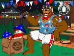  4th_of_july alcohol arm_tattoo beer beer_bottle beverage blue_eyes bottle bow_tie bulge claws clothing firework_freddy_(fnaf) fireworks five_nights_at_freddy&#039;s five_nights_at_freddy&#039;s_ar food freddy_(fnaf) hair hat headgear headwear hot_dog male mammal scottgames sondinker_fazbear&#039;s tattoo top_hat torn_clothing ursid video_games white_hair 