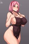  1girl absurdres apron areolae bare_shoulders black_apron blush boruto:_naruto_next_generations breasts cameltoe closed_mouth facial_mark flying_sweatdrops forehead_mark green_eyes grey_background hairband hands_on_own_chest haruno_sakura highres jmg large_breasts looking_at_viewer mature_female mixed-language_commentary naked_apron naruto_(series) nipples pink_hair red_hairband short_hair simple_background standing thick_thighs thighs 