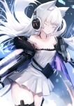  1girl ai_arctic_warfare animal_ear_fluff animal_ears awp_(girls&#039;_frontline)_(nekoya_(liu)) bandaged_arm bandages bangs bare_shoulders blue_eyes bolt_action brown_eyes cat_ears collarbone colored_eyelashes commentary_request dress frilled_dress frills girls&#039;_frontline gun headphones heterochromia highres holding holding_gun holding_weapon long_hair looking_at_viewer nekoya_(liu) original parted_lips pleated_dress rifle signature sniper_rifle sniper_scope solo strapless strapless_dress twitter_username very_long_hair weapon white_dress white_hair 