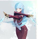  1girl bangs belt blue_hair bodysuit breasts cowboy_shot eyebrows_visible_through_hair ffffcoffee gloves ice kula_diamond long_hair looking_at_viewer medium_breasts purple_eyes simple_background smile snowflakes the_king_of_fighters zipper 