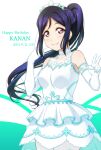  1girl anibache bangs birthday blue_hair blush breasts character_name cleavage collarbone commentary dated dress elbow_gloves english_text eyebrows_visible_through_hair gloves green_background happy_birthday high_ponytail long_hair looking_at_viewer love_live! love_live!_sunshine!! matsuura_kanan medium_breasts ponytail purple_eyes see-through sidelocks smile two-tone_background v white_background white_dress white_gloves 