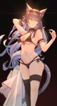  1girl animal_ears arm_strap arm_up bangs bikini black_bikini black_choker black_legwear blue_hair breasts cat_ears cat_girl cat_tail choker cleavage commentary drone_(drone_37) english_commentary eyebrows_visible_through_hair eyewear_on_head feet_out_of_frame fingernails gradient_eyes hair_between_eyes hand_in_hair highres large_breasts long_fingernails long_hair looking_at_viewer mole mole_under_eye multicolored_eyes nail_polish navel original parted_lips pink_nails purple_hair single_thighhigh solo standing stomach sunglasses swimsuit tail thigh_strap thighhighs underboob very_long_hair yellow_eyes 